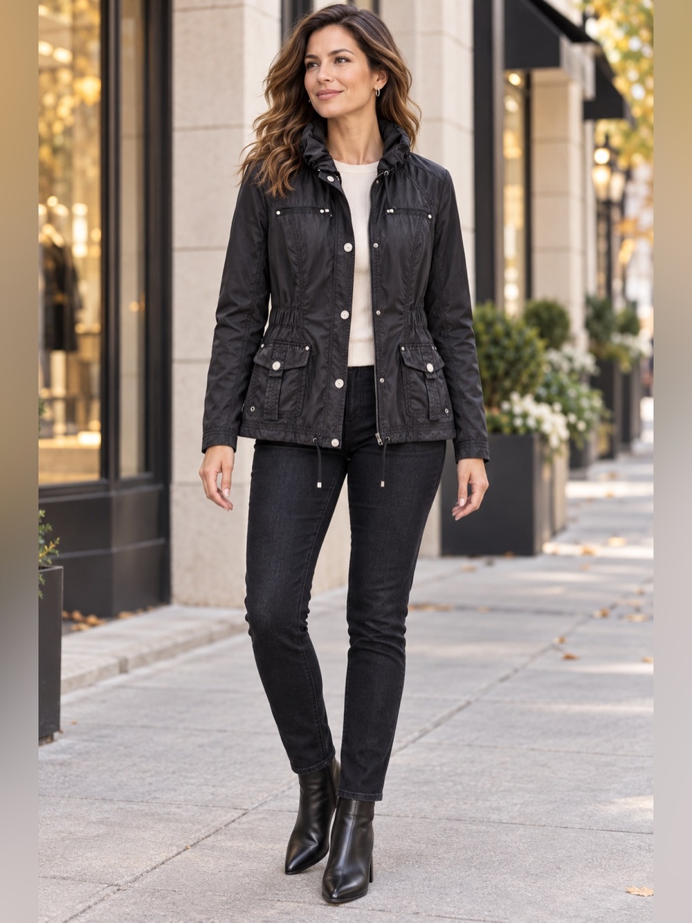 White House Black Market Black Ruffle Collar Utility Jacket Women’s Small